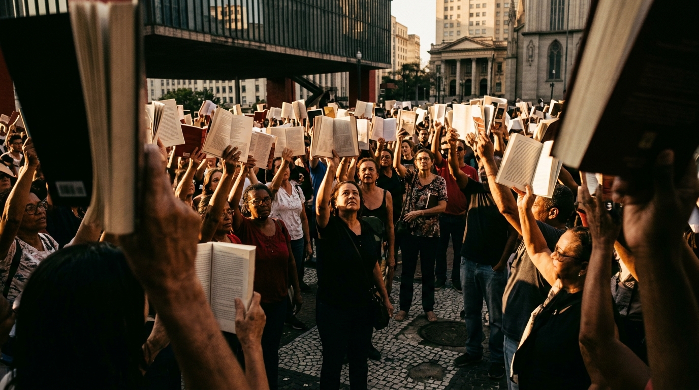 Multidão erguendo livros abertos na praça pública formando um teto de páginas pela Soberania Nacional